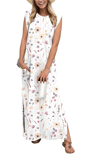 Image of GRECERELLE 2026 Women Year-Round Casual Round Neck Loose Split Wrinkle-Free Long Maxi Vacation Dress with Pockets (XXS-4XL)
