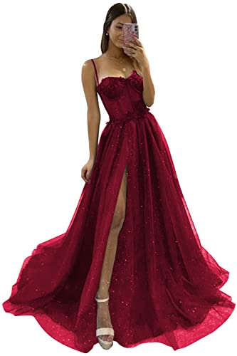 Glitzer Tüll Rüschen Ballkleid Lange Ballkleid Spaghettiträger Spitze Appliqued 3D Blume Schlitz Brautjungfer Kleider, Weinrot, 34