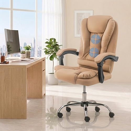 Image of NORMAN JR Italia Premium Leatherette Office Chair for Work | Boss Chair, Ergonomic Executive, Luxurious Cushioned Arms & Seat, 2 Point Back Massager, Heavy Duty Metal Base (Beige)