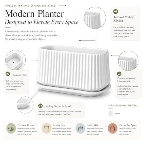 Image of Xtore Contemporary Rectangular Ceramic Planter with Drainage Tray | Ribbed Indoor Flower Pot for Succulents, Herbs, Tabletop Gardens & Modern Home Decor (White, Planter only)