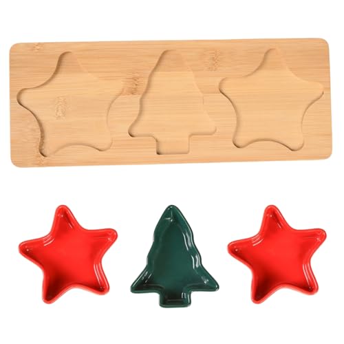 Image of Nestasia Set of 3 Holiday Ceramic Snack Bowls with Bamboo Tray | Star & Tree Shaped, Dishwasher-Safe, Eco-Friendly, Festive Serving Dishes | Ideal for Appetizers, Treats, Snacks, Sweet, Dip & Gifting
