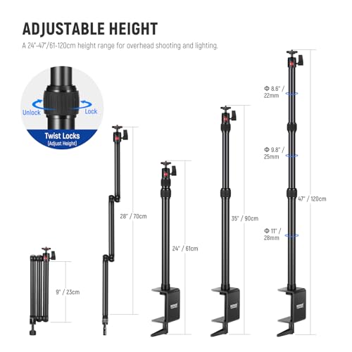 Image of NEEWER Upgraded Overhead Camera Rig with Trifold Camera Boom Arm (Max Load 2lb), 47 inch /1.2m Telescopic Desk Mount Stand (Max Load 8.8lb) with Phone Clamp Ball Head for LED Light Webcam Mic, TL253A+MH022