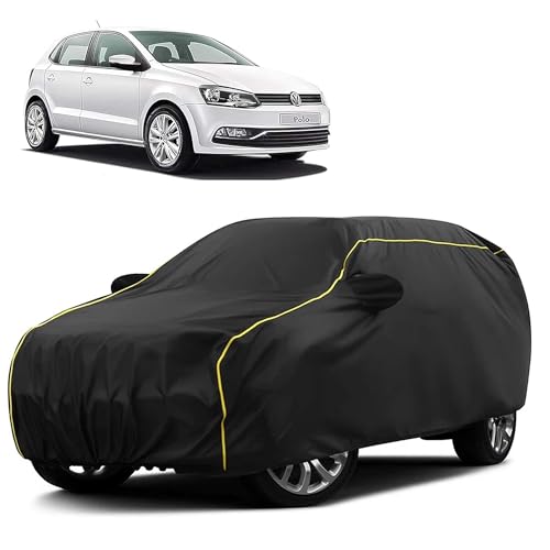Image of Sulfar 100% Water Resistant Car Body Cover Compatible with Mirror for Volkswagen Polo (Triple Stitched, Full Bottom Elastic, Black Taffeta with Yellow Piping)