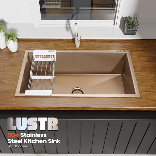 Image of Lustr Kitchen Sink 30x18 Inch - Copper | SS 304 Stainless Steel Kitchen Sink Single Bowl | Handmade Steel Sink for Kitchen with Strainer, Waste Pipe & Coupling | 20-Year Warranty