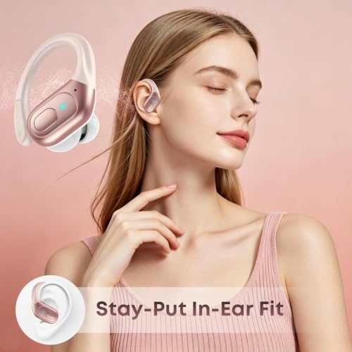 Image of sajawass Wireless Earbuds Bluetooth 5.4 Headphones, IPX7 Waterproof Earphones, Over-Ear Earphones, Noise Canceling Ear Buds with 75hr Playtime, LED Power Display for Sports /Workouts - Rose Gold