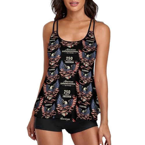 2026 American Freedom Eagle Flag 250 Years Independence Day Two Piece Swimsuits for All Women, Athletic Training Backless V Neck Swimming Suit Monokini Long Torso Padded Push-Up Bra Sets Beachwear