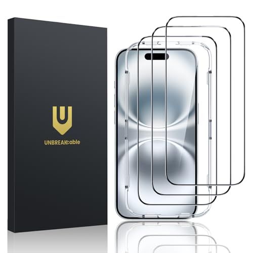 UNBREAKcable Screen Protector for iPhone 16 Plus/15 Plus [3-Pack] Full Coverage Double Shatterproof Tempered Glass [Installation Frame] [9H Hardness] [99.99% HD Clear] [Bubble Free] for iPhone 6.7
