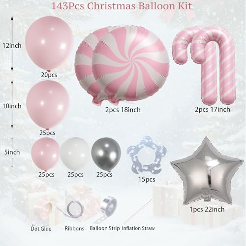 143Pcs Christmas Tree Balloon Arch Garland Kit with Pastel Pink White Metallic Silver Cane Candy Star Balloons for Christmas Party Decoration, Holiday Birthday Supplies, Xmas Garland - Image 3