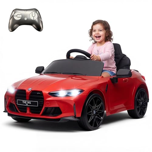 Coche eléctrico para niños compatible con BMW M4 12 V con mando a distancia para padres, suspensión, fijación de mango, coche infantil alimentado por batería con luces LED, música, arranque suave