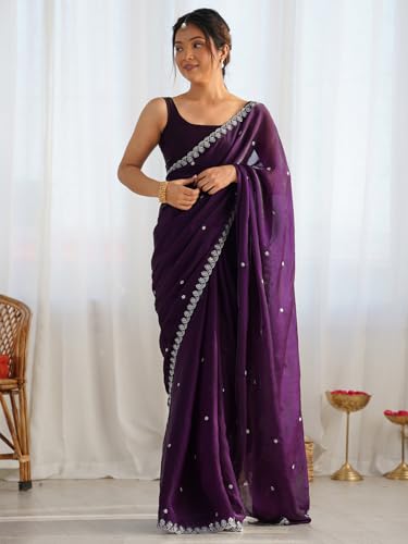 Image of AKHILAM Women's Shimmer Tissue Embroidered Saree With Unstitched Blouse Piece