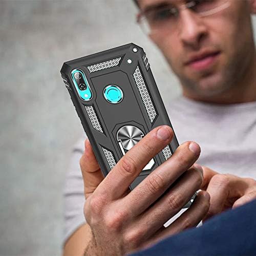 Yiakeng Huawei P Smart 2019 Case With Tempered Glass Screen Protector, Silicone Shockproof Military Grade Protective Phone Cover with Ring Kickstand for Huawei P Smart 2019 (Black)