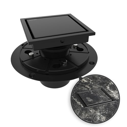 WEBANG 4 Inch Square Shower Drain Black Floor Drain with Flange Reversible 2-in-1 Cover Tile Insert...