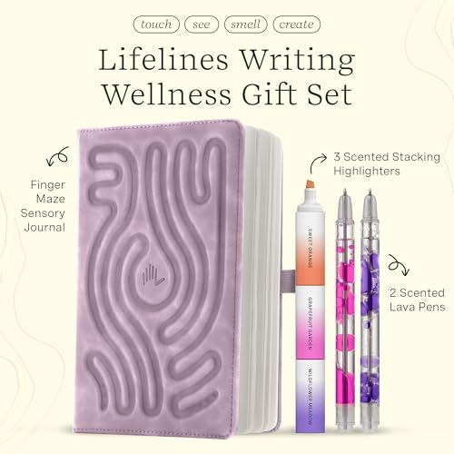 Lifelines Writing Wellness Gift Set - Scented Writing Set Includes Finger Maze Sensory Journal, 3 Scented Stacking Highlighters & 2 Lava Gel Pens - Aromatherapy & Sensory Immersion