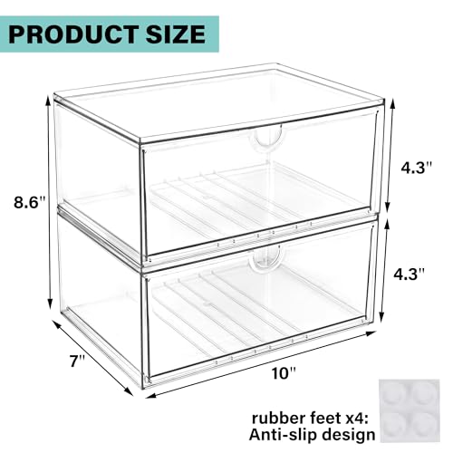 Image of Prsildan Acrylic Makeup Organizer, 2 Pack Stackable Clear Storage Drawers for Baby Bottles Desk Organizers with 2 Drawers for Countertop Vanity Nursery Modular System for Cosmetics Jewelry