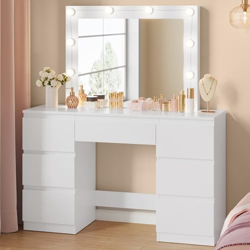 WOLTU Coiffeuse avec Miroir LED à Luminosité Réglable, Table de Maquillage avec 7 Tiroirs, Grand Espace de Rangement, Meuble Coiffeuse Moderne pour Chambre, 110 x 40 cm, en Bois, Blanc