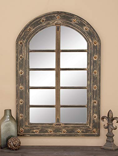 Deco 79 Rustic Wooden Arched Window Framed Wall Mirror, 48 x 32, Distressed Black Finish