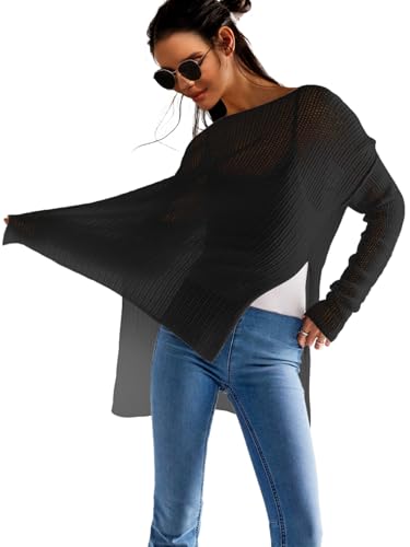 SuperPrity Womens Tops Long Sleeve Crochet Knit Top 2024 Hollow Out Side Split Swimsuit Cover Up Beach Vacation Outfit