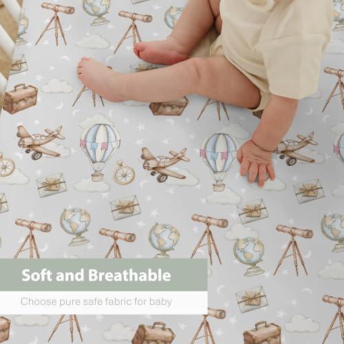 Image of Adventure Baby Crib Sheets for Boy Girl 28 inchx52 inch Travel Planes Compass Luggage Globe Explore Soft Snug Fitted Crib Mattress Covers Holiday Vacation Baby Sheet for Standard Crib & Toddler Bed Mattress