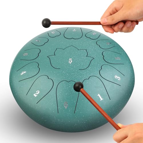 Image of Steel Tongue Drum - 12-Inch 13-Notes Tongue Drum, D Major Outdoor Rain Drum With Tote Bag, Music Book, and Hand-Held Drumsticks (Green)