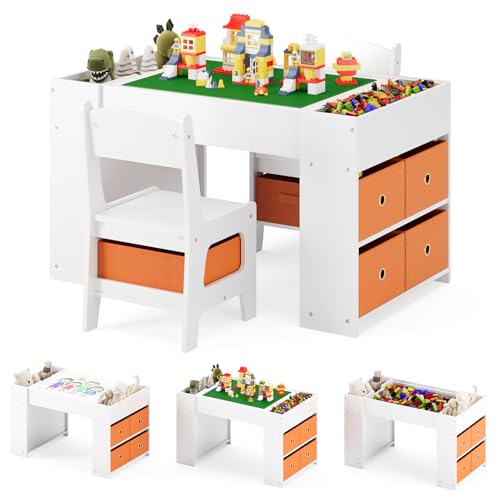 Xbro Table Enfant avec 2 Chaise et Rangement, Table Activité 3 en 1 avec Plateau Compatible Briques de Construction, Bureau Enfant 80x50 cm, Meuble Chambre Enfant, Blanc