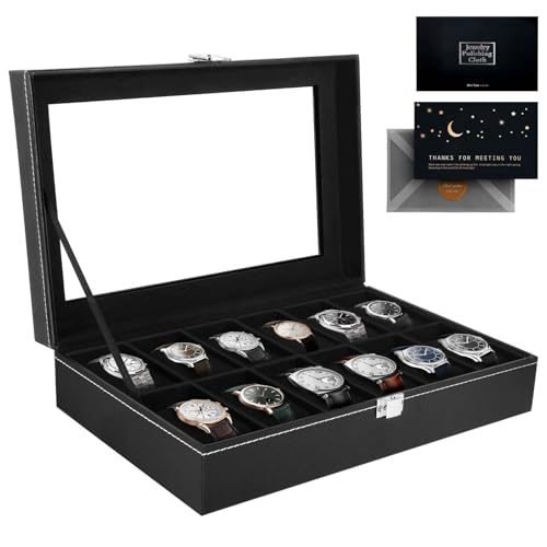 KIMIGO Caja de Relojes,Caja para Relojes,Estuche de Relojes con Tapa de Cristal y Cojín Extraíble,con 12 Ranuras, Idea de Regalo, Caja Relojes Organizador para Hombres y Mujer