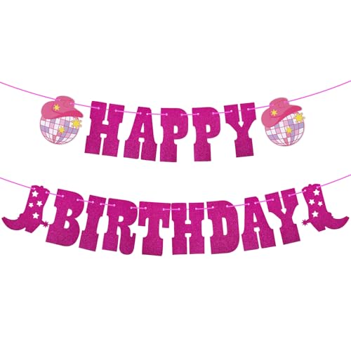 Disco Cowgirl Happy Birthday Banner Pre-Assembled Pink Glitter Disco Ball Hanging Sign with Cowgirl Boot Hat Birthday Party Decorations for Women Girls