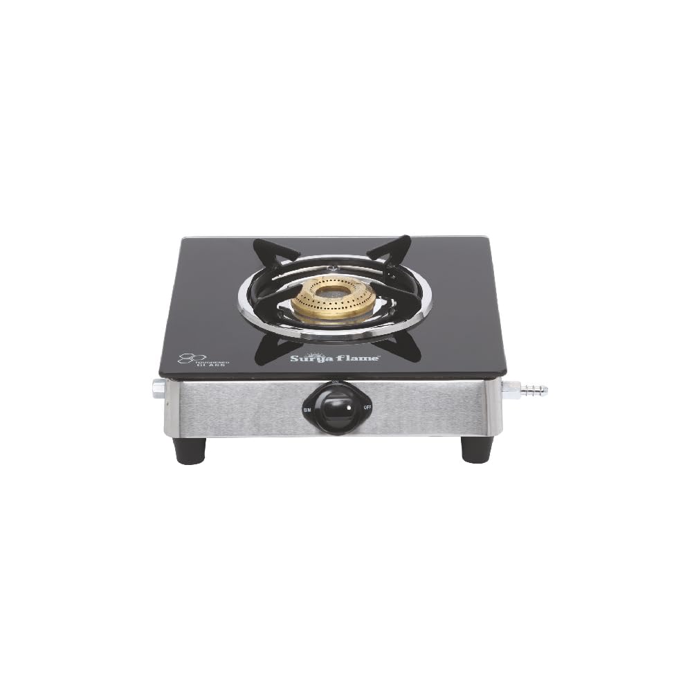 Surya Flame Gas Stove Single Burner LPG GlassTop Chulha with toughened glass Atlas Brass Burner manual ignition Cooktop ISI Certified Doorstep Services 2 Years (1Burner Black)