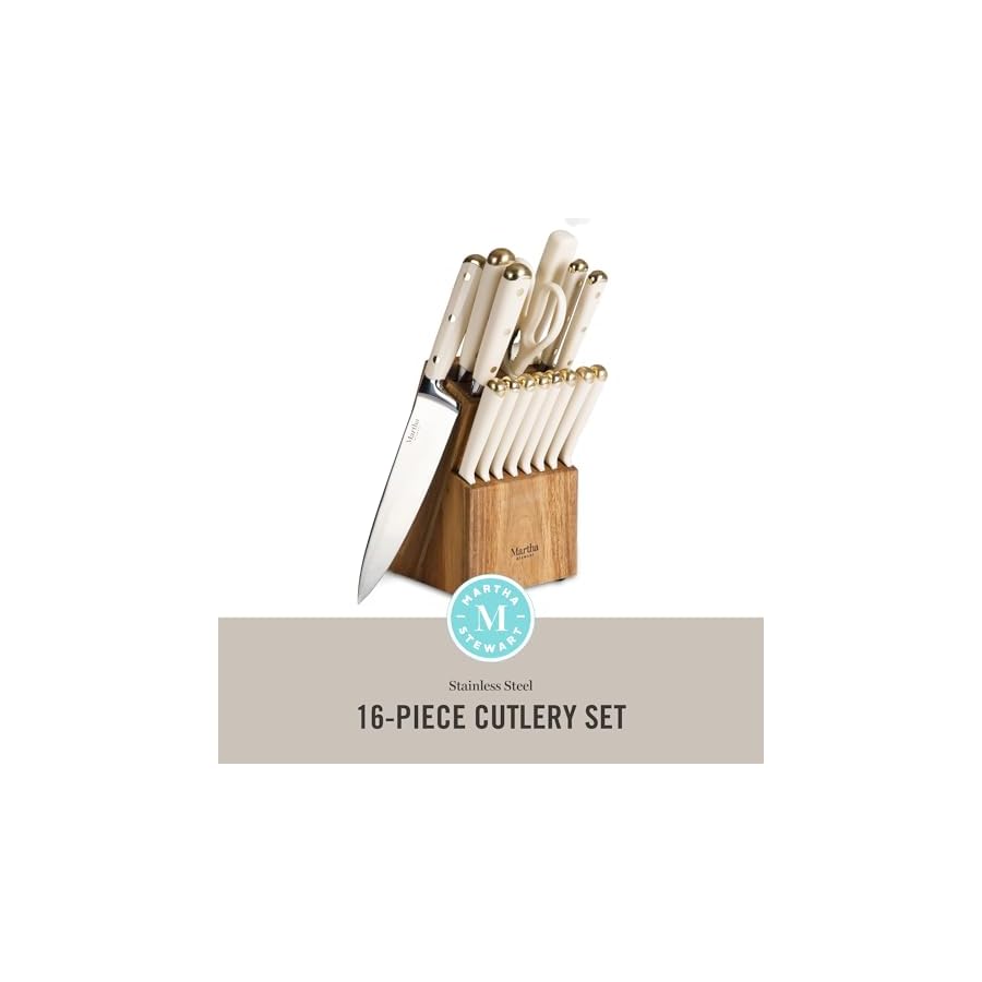 Martha-Stewart-16-Piece-Lockton-High-Carbon-Stainless-Steel-Cutlery-Kitchen-Knife-Block-Set-WABS-Tripe-Riveted-Forged-Handle-Acacia-Wood-Block-Linen-White-WGold Martha Stewart 16 Piece Lockton High Carbon Stainless Steel Cutlery Kitchen Knife Block Set W/ABS Tripe Riveted Forged Handle Acacia Wood Block - Linen White W/Gold