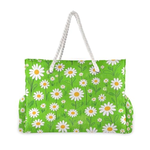 Lovely Daisy Floral Green White Sandproof Beach Bags Sandproof with side pocketes Sport Weekender Travel Essentials Beach Birthday for Women2