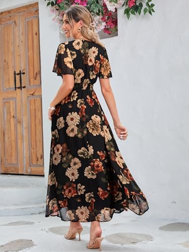 Image of Simplee Women's Boho Floral Maxi Dress Flowy Casual V Neck Short Sleeve Wedding Guest Holiday Beach Long Dress