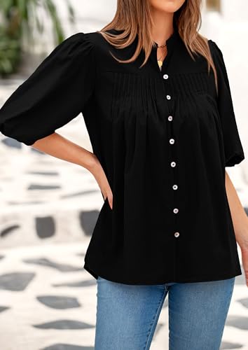 PRETTYGARDEN Women's 2025 Summer Short Lantern Sleeve Tops Loose Fit Button Down Shirt Pleated V Neck Blouses Trendy Clothes4