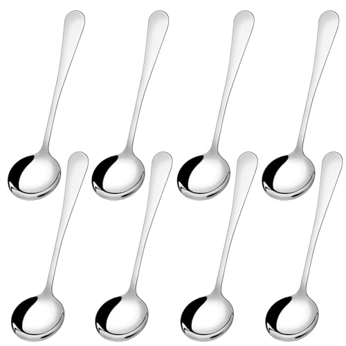 8 cucharas de sopa de acero inoxidable, cucharas redondas con asas largas, cucharas terminadas para mesa, cena, 7 pulgadas