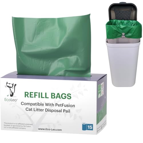 Pet-Fusion Compatible Bags for Cat Litter Pail/Dog Waste Station, 15-Count. Durable, Green Opaque Color. Replacement Liner Bags, EcoLeo