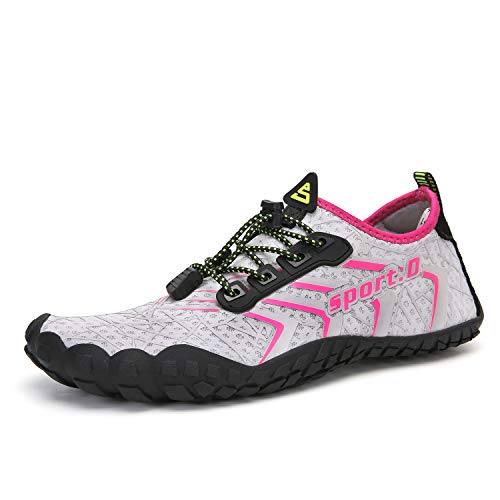 UBFEN Mens Womens Water Shoes Aqua Socks Swim Shoes Beach Sports Quick Dry Barefoot for Boating Fishing Diving Surfing with Drainage Driving Yoga 7 Women 6 Men Grey Pink