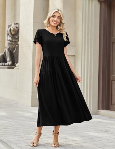 Image of Zeagoo Summer Dresses for Women 2026 Maxi Bohemian Floral Short Sleeve Long Dress Casual Flowy Tired Beach Sundress