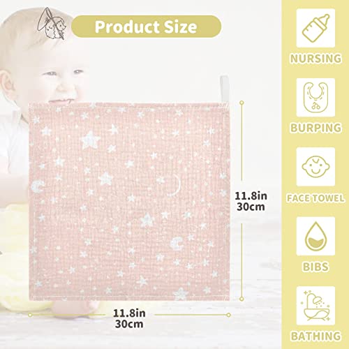 Image of vvfelixl Moon Star Baby Burp Cloths, Baby Muslin Washcloths for Boys Girls, Cotton Baby Face Towel for Newborn Infants Soft and Absorbent 11.8 X 11.8 in, 5 Pack Pink