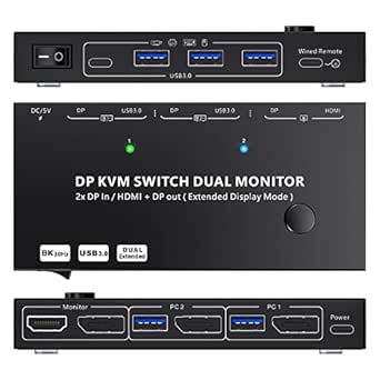 DP KVM-switch twee monitoren, 2 computers 2 monitoren, DisplayPort USB 3.0 KVM-switch, ondersteunt 4K @ 60 Hz voor 2 computers die toetsenbord, muis en monitor delen