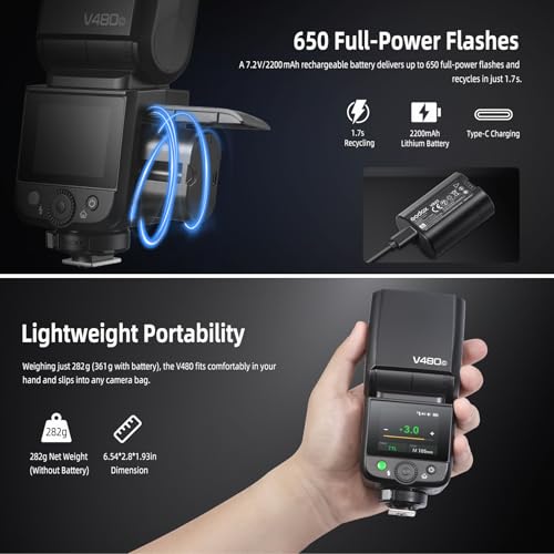 Image of Godox V480C TTL Speedlite Flash for Canon Cameras, GN50, 2.0 inch Touchscreen, HSS 1 /8000s, 2.4G Wireless, USB-C Rechargeable, 650 Full-Power Flashes, Compatible with EOS R5 R6 R7 R10 5D Mark IV 6D II