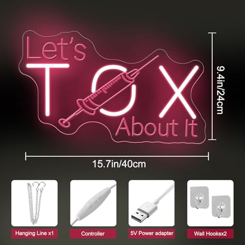 Image of Let's Tox about it Neon Sign Botox LED Light Injector Spa Studio Decor | USB Powered Dimmable Beauty Spa Sign Medspa Decoration Business Open Welcome Wall Art, 15.7 inchx9.4 inch, Light Pink