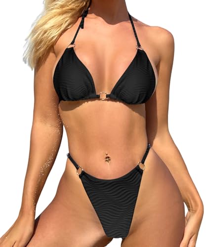 Image of MIKETAI Sexy Bikinis for Women 2 Piece Bikini Spaghetti Strap Swimsuits Solid Color Bathing Swimwear Triangle Bathing Suit