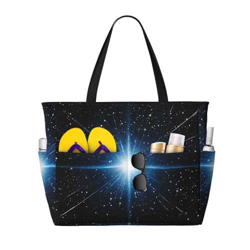 (Blue Shining Stars Print) Large Beach Tote Bag for Women Waterproof Sandproof Travel Shoulder Bag with Pocket for Pool Vacation Weekend Gym