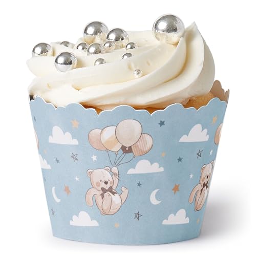 Blue We Can Bearly Wait Baby Shower Decor - Cupcake Wrappers - Set of 12