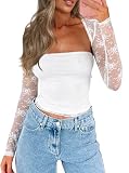 CSDAJIO Women's Going Out Tops Lace Long Sleeve Square Neck Crop Top Shirt Strapless Tube Top and Bolero Set Lace White Small