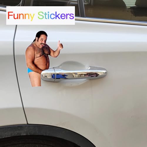 Image of 8 Funny Prank Stickers for Cars and Door Handle Pranks - Ron Jeremy Meme Sticker Amusing Waterproof Vinyl Decals Gag Gift Practical Joke (Blue Speedo)