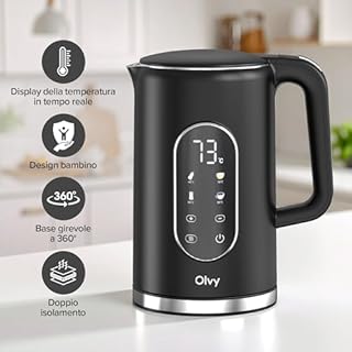 Olvy Bollitore elettrico da 1,7L senza fili, controllo della temperatura e funzione di mantenimento in caldo, doppia parete in acciaio inox Cool-Touch, filtro anticalcare – kettle elettrico 2200W