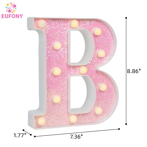 Image of Pink Glitter Marquee Light Up Letters, Battery Operated LED Letter Lights Signs for Pink Birthday Party Table Decorations, Wall Decor for Girls Bedroom, Initial Letter B with Warm White Lights