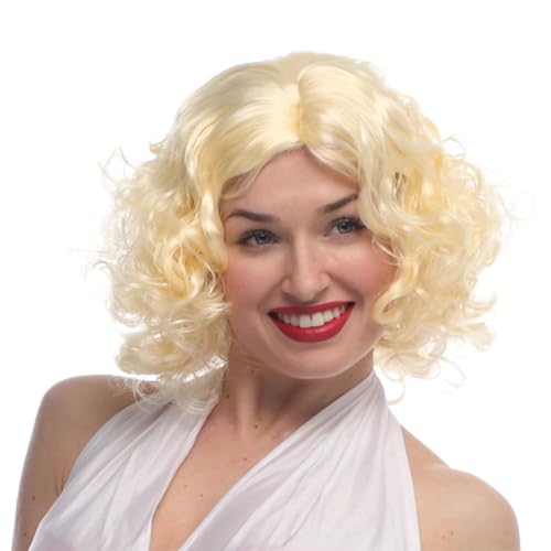 Peruca de Marilyn Monroe, peruca média melena loira, festa do lema, carnaval, peruca mulher carnaval Halloween Hollywood Diva estrela cinema curto encaracolado risca média loira clara, peruca carnaval