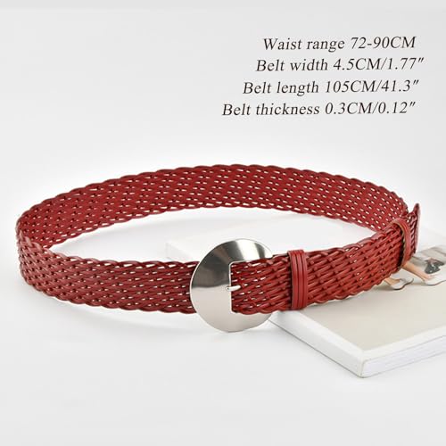Braided Wide Leather Belts for Women Woven Belt with Round Silver Buckle Boho Belts for Jean Dress,Red,105CM/41.3''2