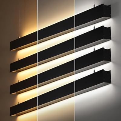 LEONLITE 4FT Linkable LED Linear Light, 3CCT 55W 3000K/4000K/5000K Selectable, UGR<19, ETL Listed Dimmable Architectural LED Suspension Office Lighting Fixture, Matte Black Aluminum Housing, Pack of 4