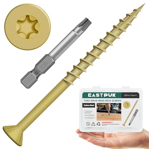 Image of Deck Screws 3 Inch, Wood Screws #10x3, 127 PCS 2lb, Rust Resistant Exterior Epoxy Coated Outdoor Decking Screws, Torx /Star Drive Head Deck Screw, T25 Star Bit Included, Tan by EASTPUK